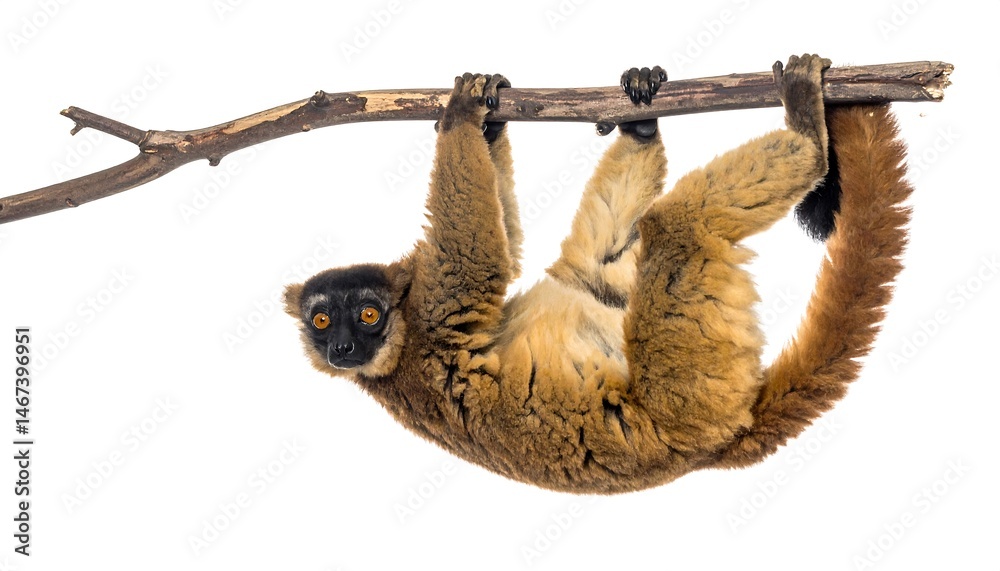 Fototapeta premium Brown Lemur Hanging on Tree Branch Against White Background