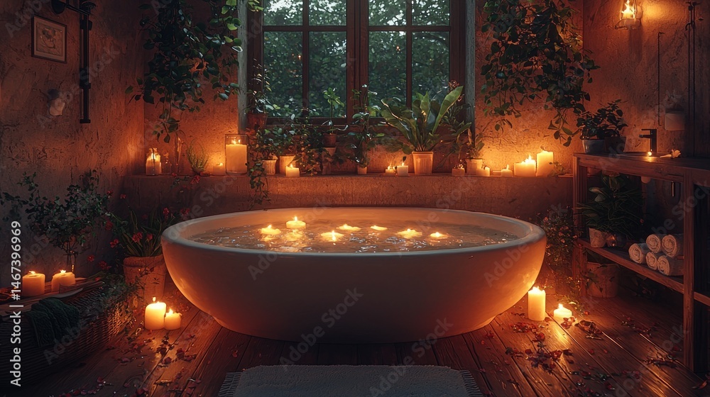 Relaxing Bath with Candles and Plants in Rustic Bathroom Setting