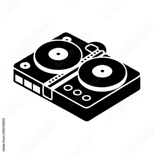 Isometric black and white icon of a DJ turntable mixing console