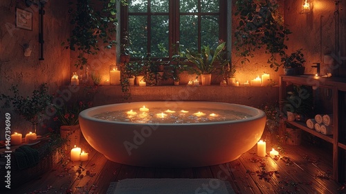 Obraz na płótnie Relaxing Bath with Candles and Plants in Rustic Bathroom Setting w salonie