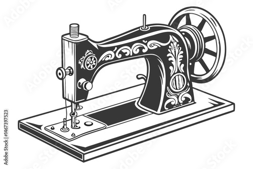 165 vintage sewing machine, black and white illustration, side view, detailed mechanical design, antique craftsmanship, nostalgic household item, retro technology, intricate linework, classic silhouet