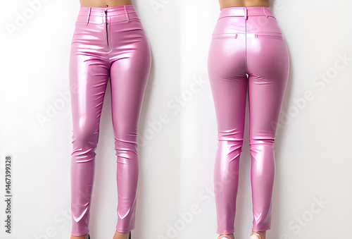 pink woman in tight latex pants against an urban backdrop. View from behind.generative ai