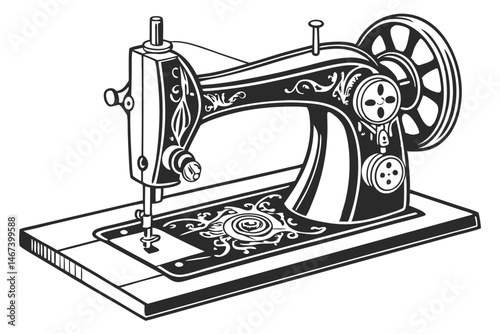 165 vintage sewing machine, black and white illustration, side view, detailed mechanical design, antique craftsmanship, nostalgic household item, retro technology, intricate linework, classic silhouet