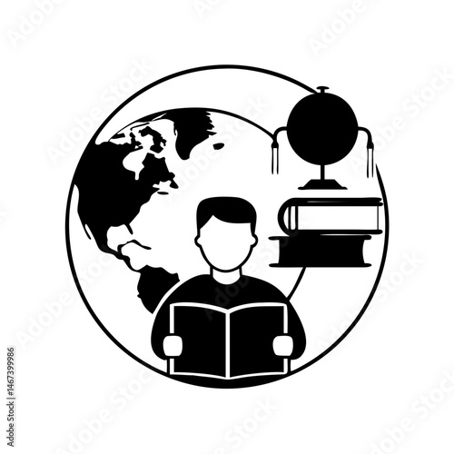 Exploring knowledge around the world a student reads with globe icon
