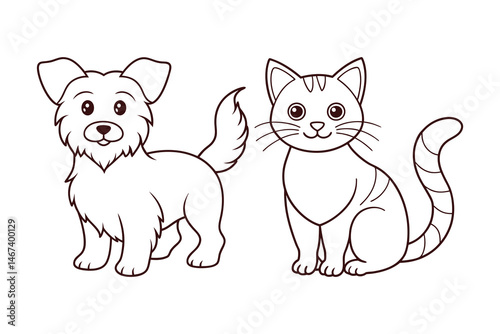 line art cute cat and dog vector