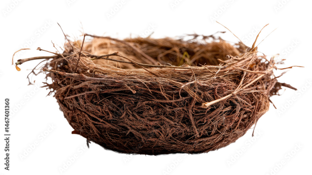 Obraz premium Empty Nest: A rustic, intricately woven bird's nest, a testament to nature's delicate artistry and the cycle of life, conveying the serene silence of a home awaiting new beginnings.