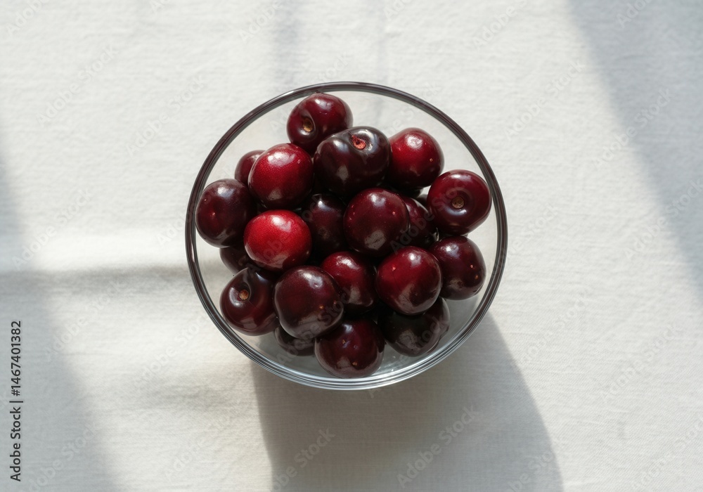 Bowl of fresh dark red cherries on sunlit table