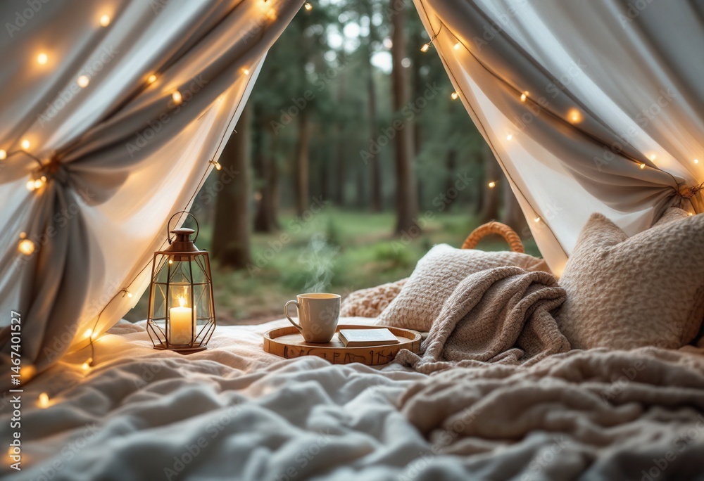 Cozy tent interior with soft blankets and fairy lights overlooking forest