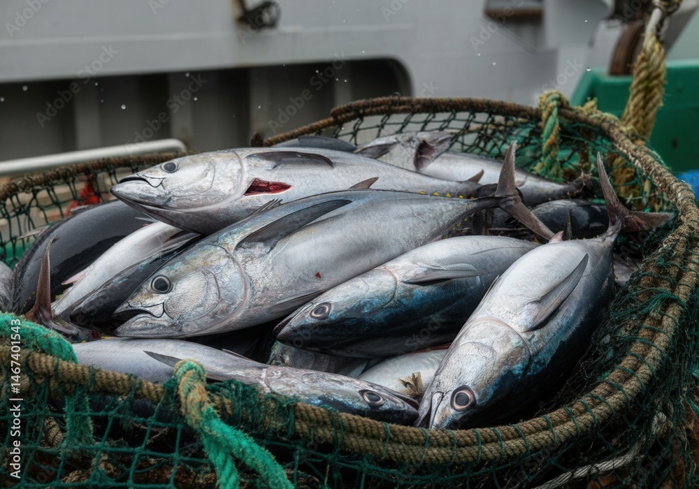 Freshly caught tuna fishes in a net aboard a fishing boat at sea