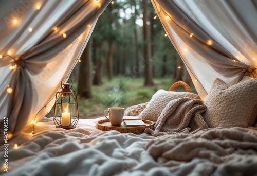 Obraz na płótnie Cozy tent interior with soft blankets and fairy lights overlooking forest w salonie