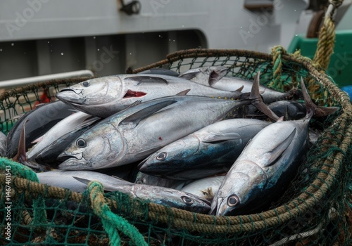 Obraz na płótnie Freshly caught tuna fishes in a net aboard a fishing boat at sea w salonie