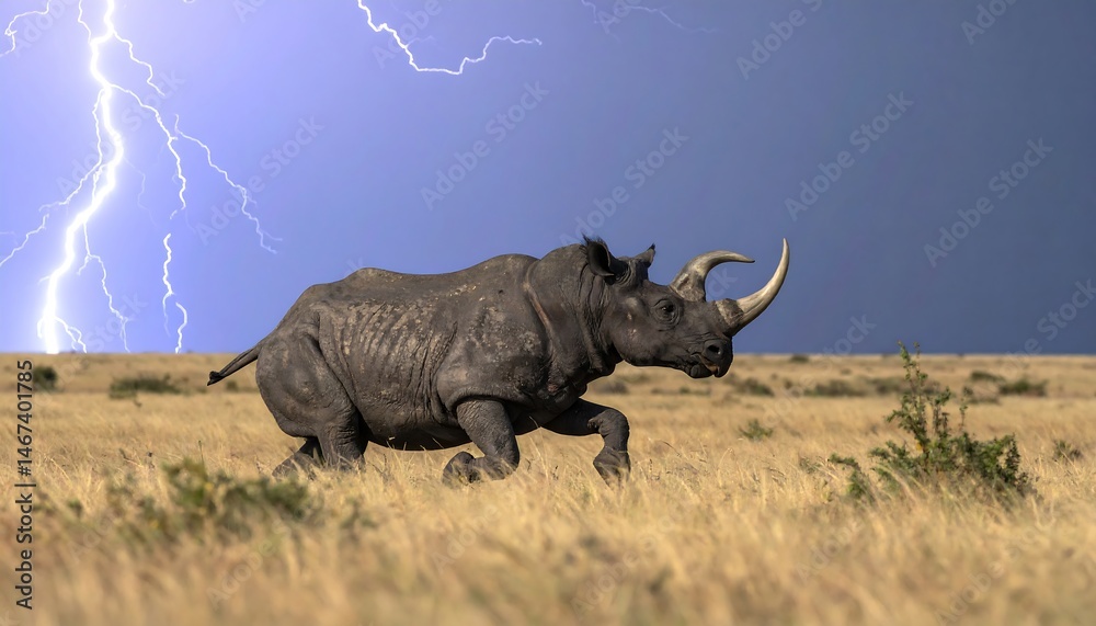Fototapeta premium Rhinoceros Running Across Savanna During Thunderstorm