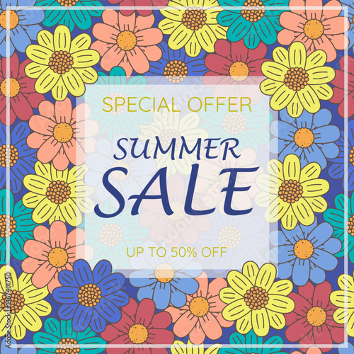 Seasonal sale banner, discount poster with leaf elements. Hot season discount business concept