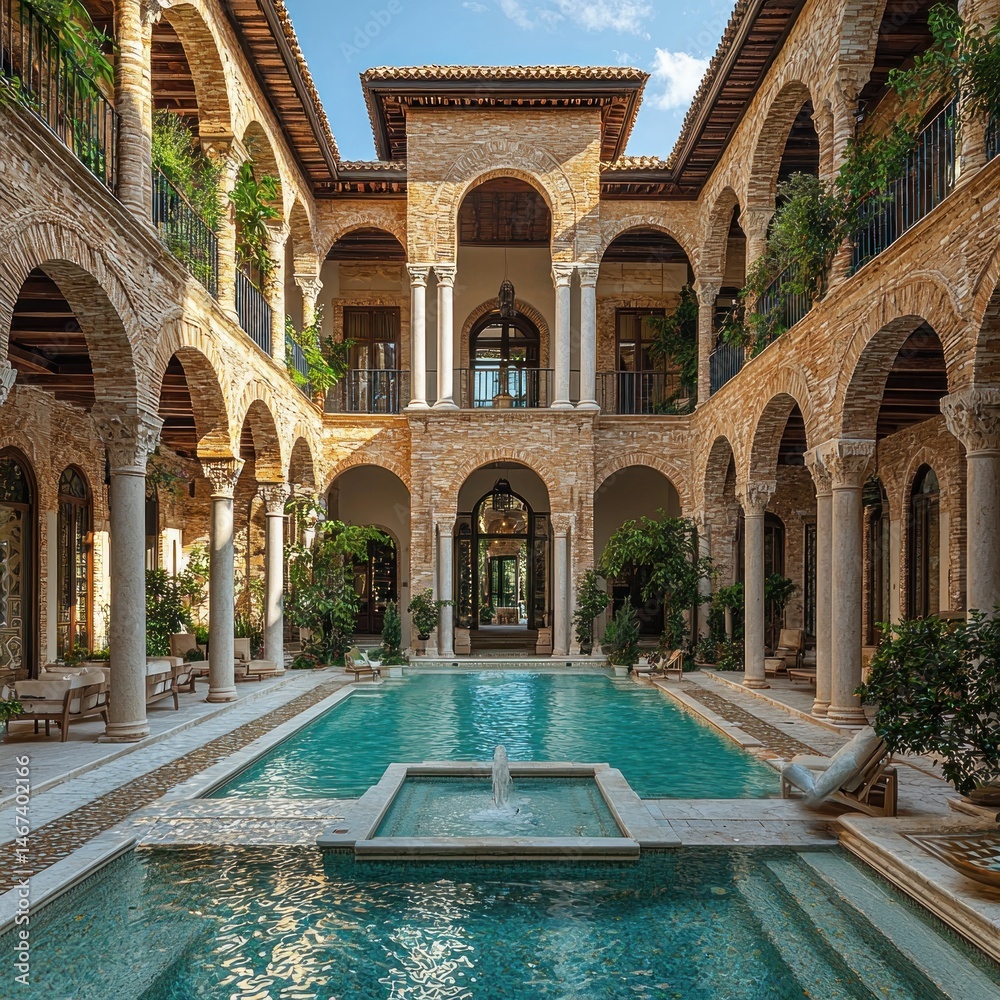 Serene courtyard with elegant architecture and inviting pool, peaceful oasis