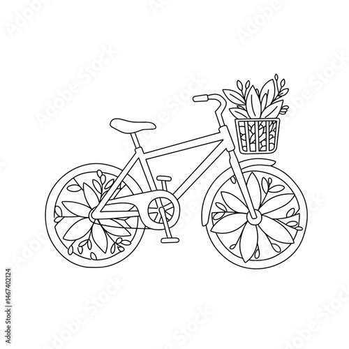 Bicycle with flowers in basket, outline illustration on white background  