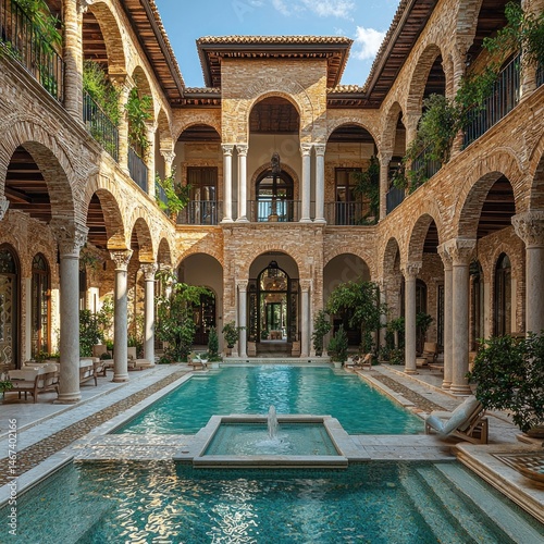 Serene courtyard with elegant architecture and inviting pool, peaceful oasis