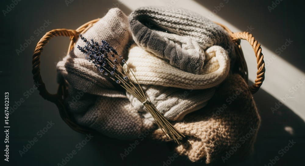 Cozy woven woolen blankets in rattan basket with lavender sprigs in soft sunlight.