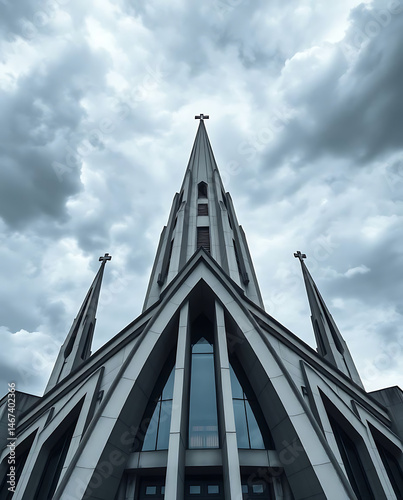 A massive brutalist cathedral built of concrete and glass, casting long shadows in the sunset, blending religious solemnity with futuristic geometry. created by generative ai