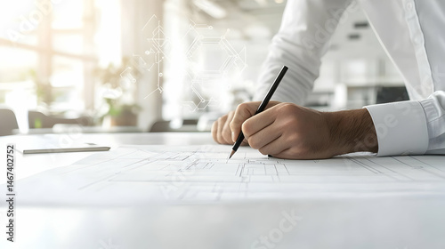 Businessman Drawing Architectural Plans In Modern Office