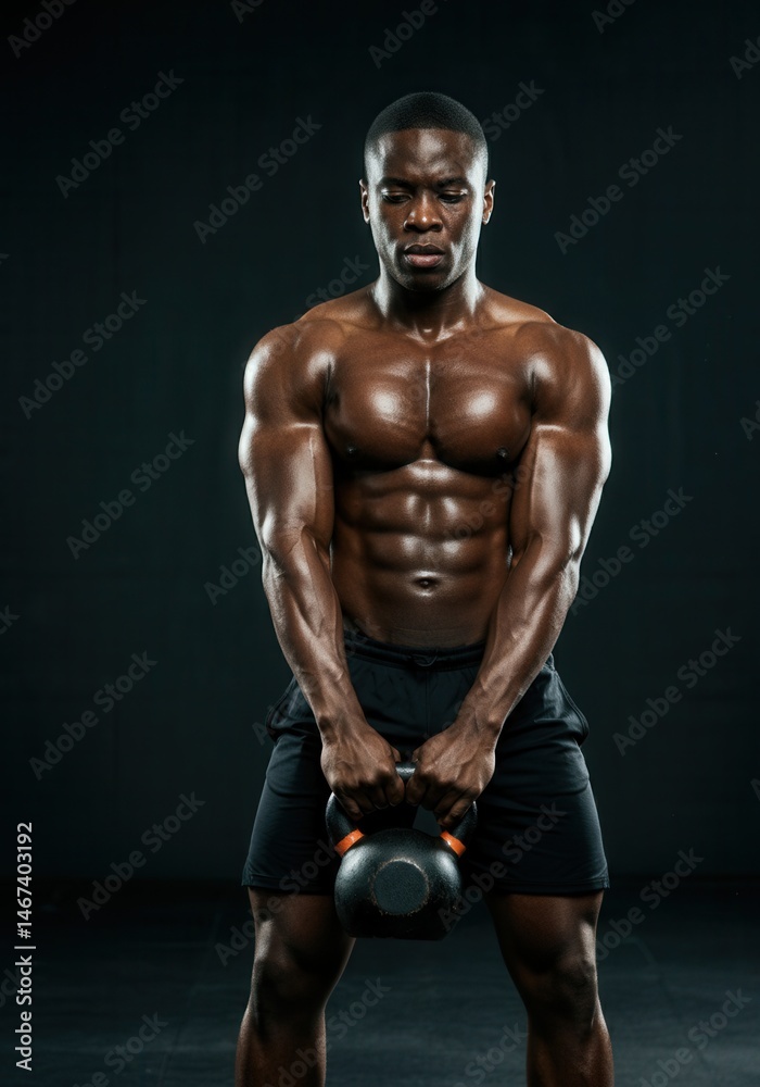 Muscular young man lifting kettlebell in gym on black background