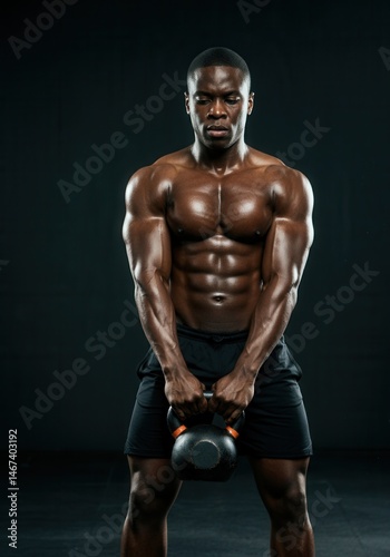 Obraz na płótnie Muscular young man lifting kettlebell in gym on black background w salonie