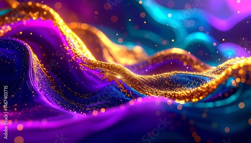 Fantasy Vibrant Purple, Magenta, Teal, and Gold Glitters Abstract Wavy Background — One Thousand and One Nights Arabian Nights Aladdin-Inspired Digital Illustration with Eastern Vibes Golden Sparkles