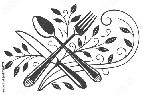 166 Silhouette of cutlery, black and white image, spoon knife fork, simple graphic design, minimalist tableware, dining utensils, clean lines, iconic shapes, monochrome illustration, kitchen tools, fl