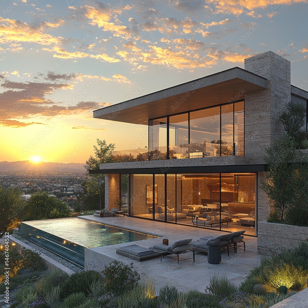 Luxury Home with Pool at Sunset Overlooking City with Dramatic Sky