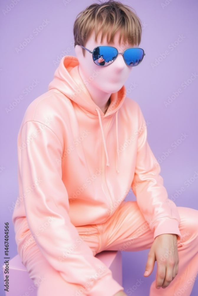 Faceless person in peach tracksuit with sunglasses against purple background