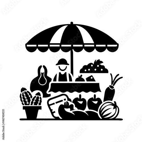 Black and White Illustration of a Farmer's Market with Fresh Produce