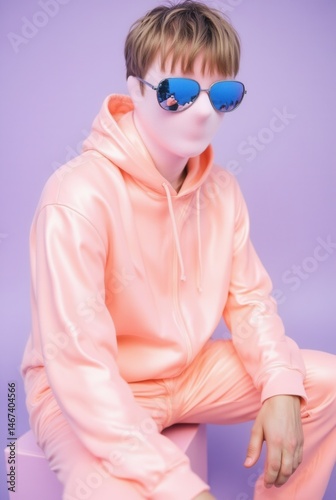 Faceless person in peach tracksuit with sunglasses against purple background