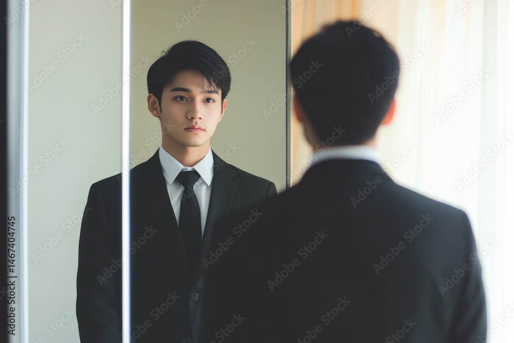 Fototapeta premium Young Asian adult rehearsing answers for a job interview in front of a mirror