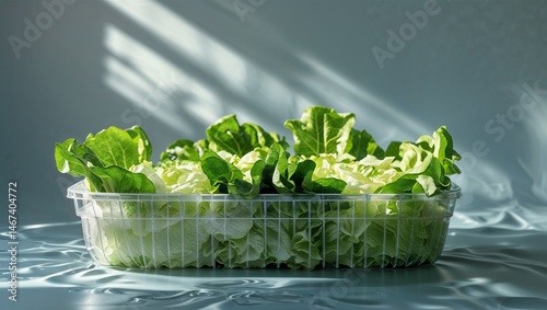 Photorealistic image of a plastic bin of washed lettuce