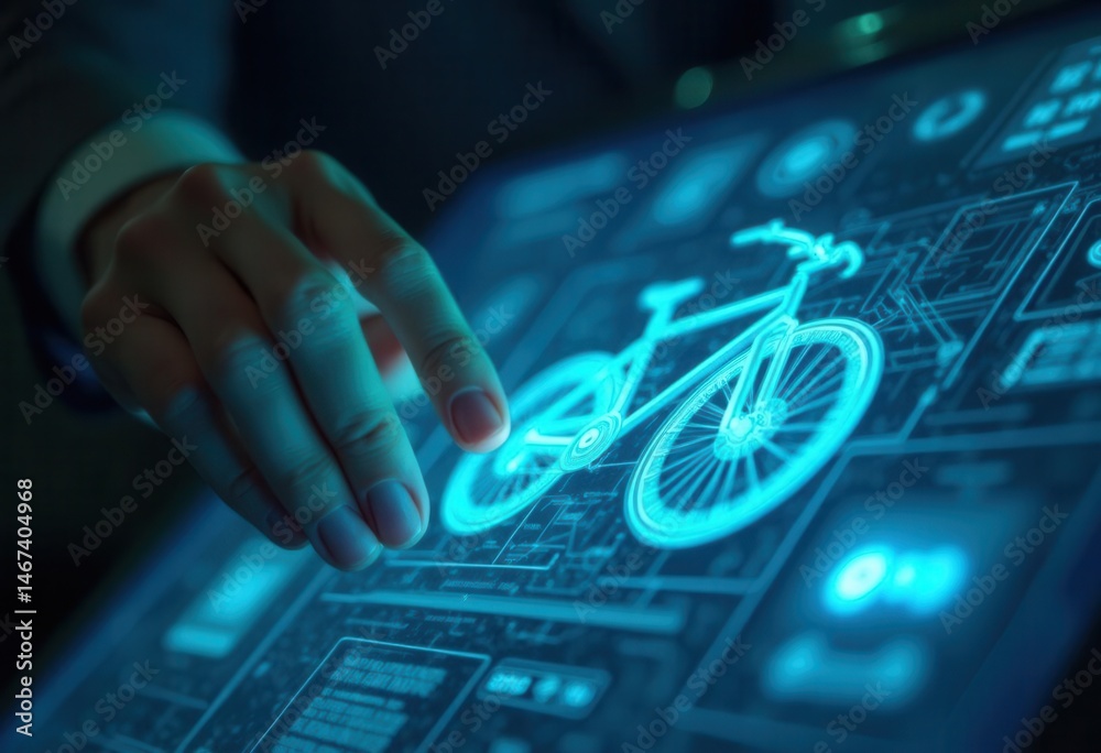 Futuristic touchscreen interface displaying holographic bicycle design concept