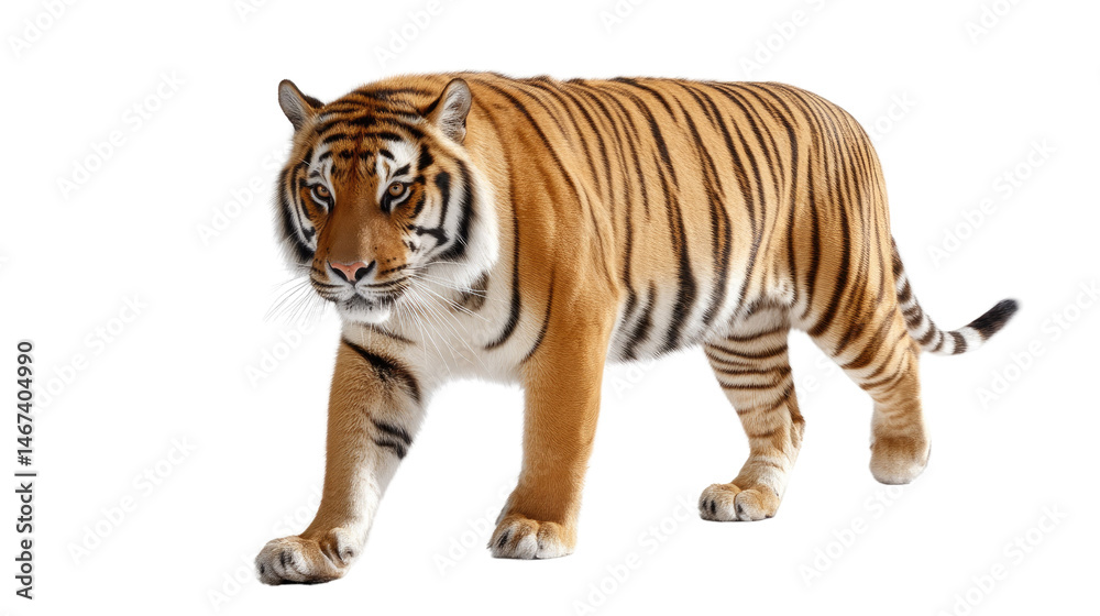 Naklejka premium Magnificent Tiger on the Prowl: A majestic tiger strides confidently, showcasing its striking striped pattern and powerful physique.