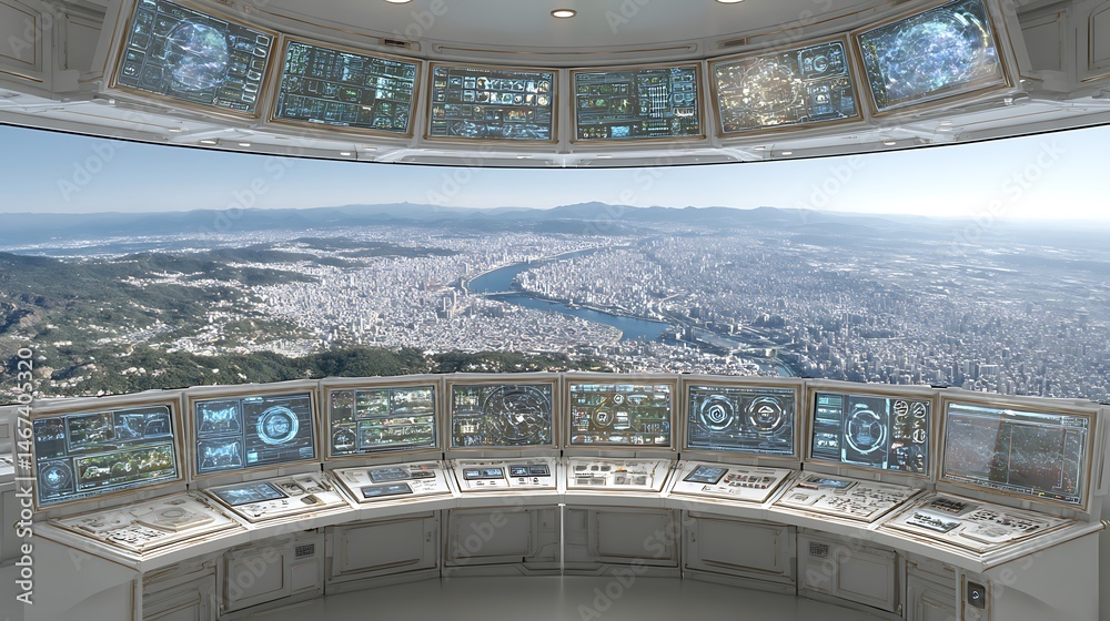 Obraz premium Futuristic Control Room City Panorama View.
