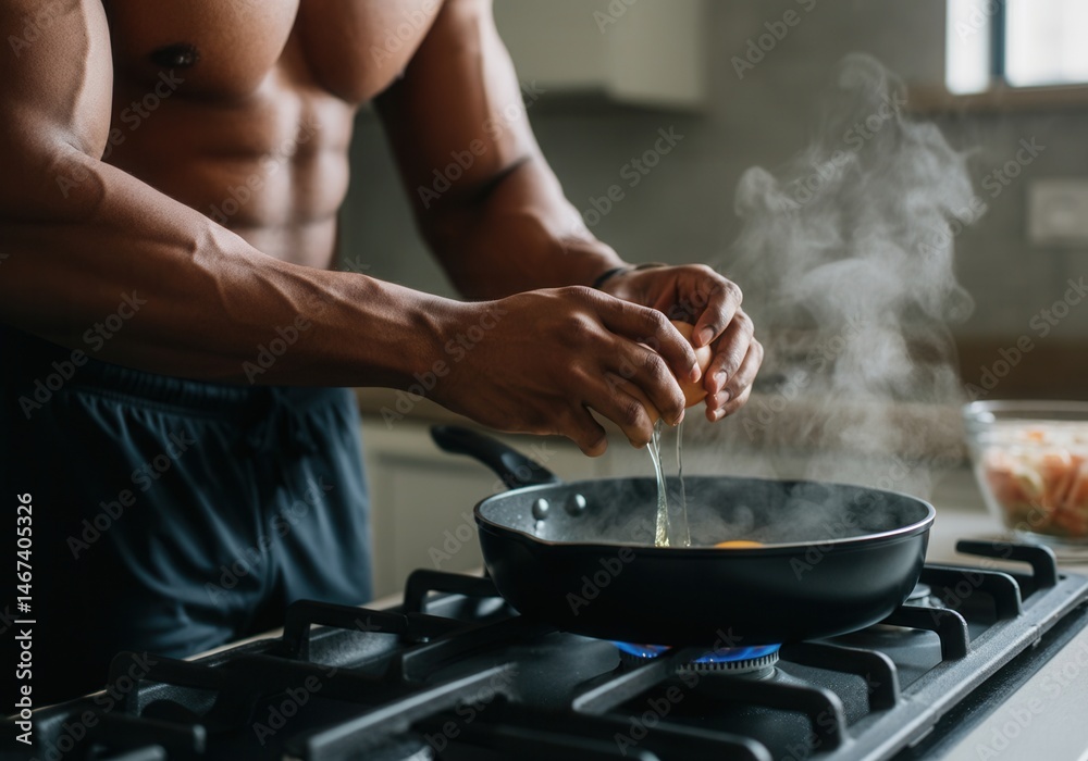 Fit young adult cracking eggs into frying pan on kitchen stove