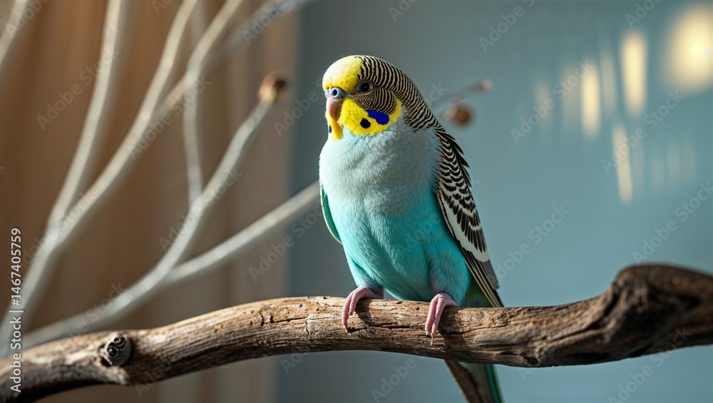 Fototapeta premium Photorealistic image of a parakeet on wooden branch