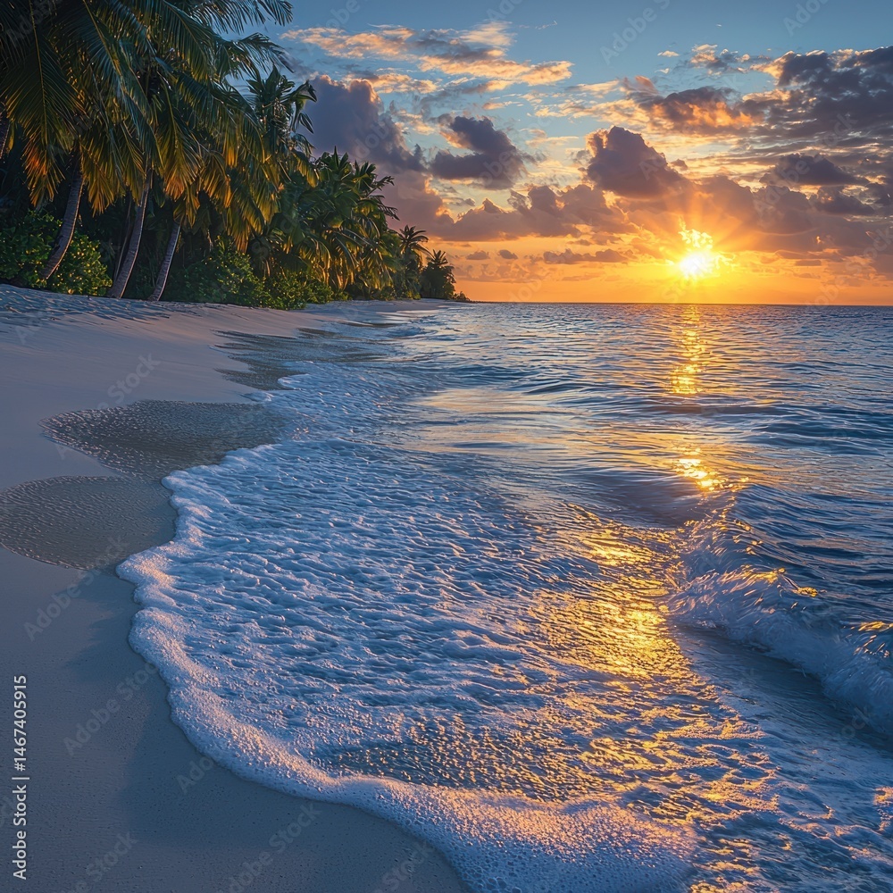 Tropical Beach Sunset with Palms and Gentle Waves at Golden Hour