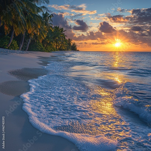 Obraz na płótnie Tropical Beach Sunset with Palms and Gentle Waves at Golden Hour w salonie