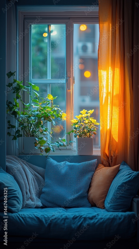 Cozy Window Seat with Plants and Warm Sunlight Interior Decor