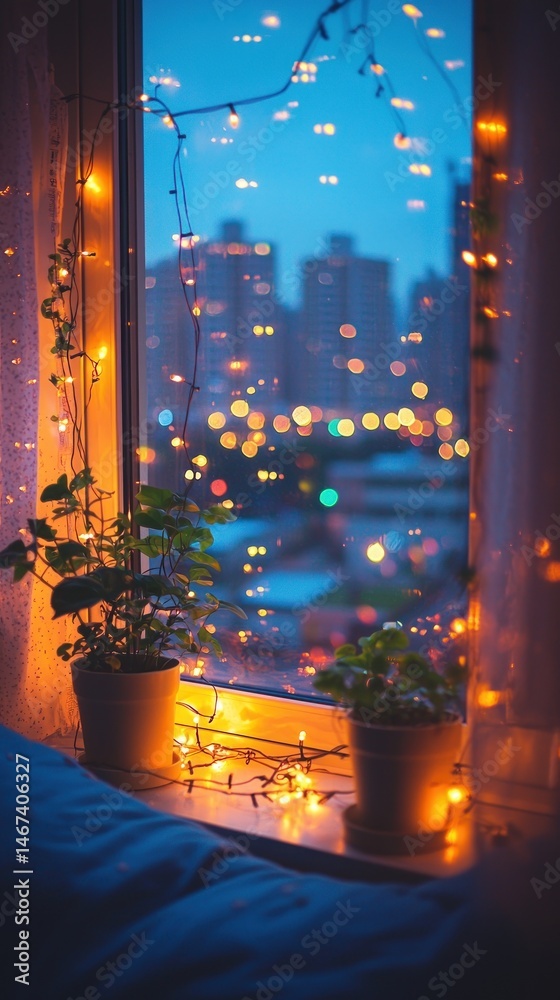Cozy Window View with City Lights and Plants for Relaxing Night