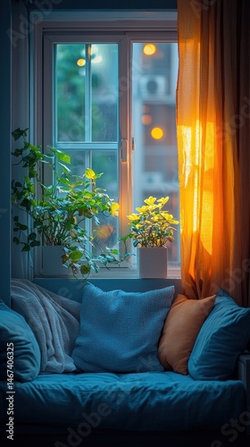 Obraz na płótnie Cozy Window Seat with Plants and Warm Sunlight Interior Decor w salonie