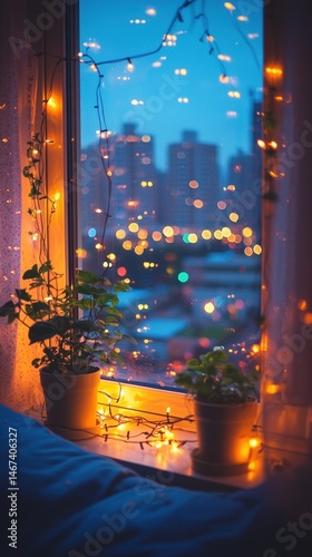 Obraz na płótnie Cozy Window View with City Lights and Plants for Relaxing Night w salonie