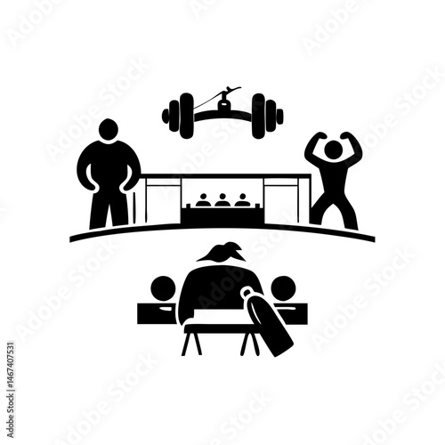 A stylized icon of sports activity, including weightlifting and massage