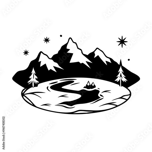 Serene Mountain Landscape with River, Stars and Trees in Monochrome Design