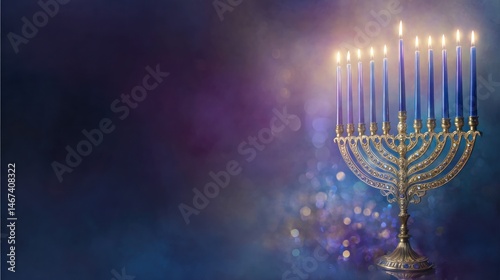 An elegant design with the menorah softly glowing its blue candles casting a warm light The background is a gradient of dark blues and purples 