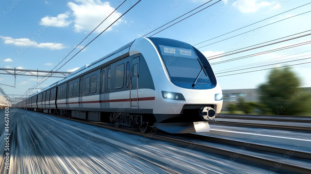 Fototapeta premium A sleek, modern high-speed train traveling through a lush, green landscape under a clear blue sky with white clouds.