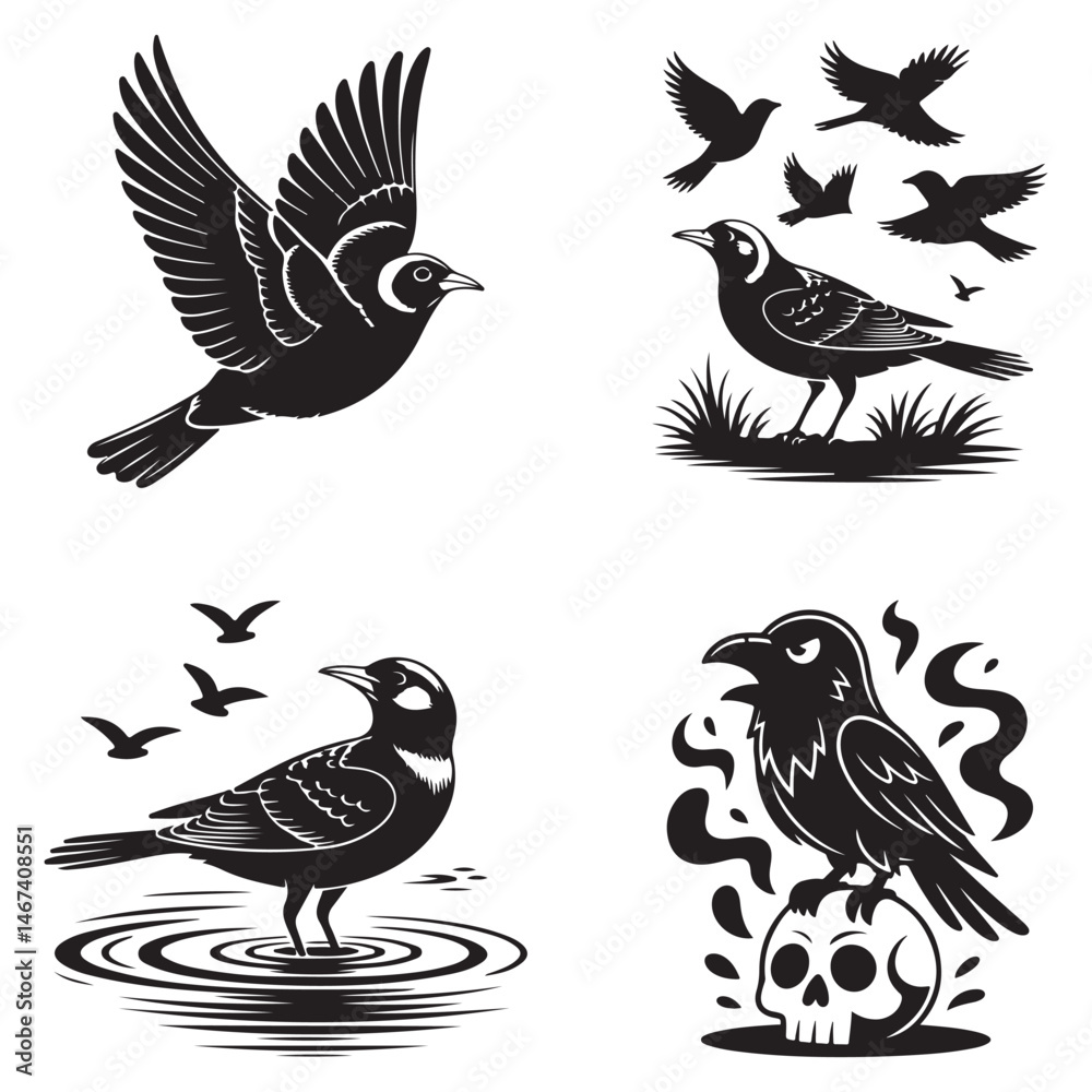 Obraz premium Dynamic Bird Vector Set with Flying, Perching, and Standing Poses in Bold Styles A stunning collection of birds in energetic poses, ideal for creating impactful wildlife and nature designs .Thank You.