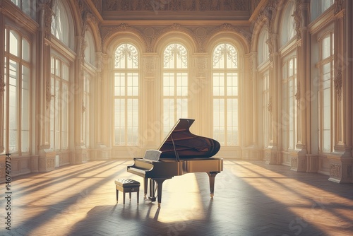 An elegant grand piano stands in the center of a classical hall with high windows. Sunlight streams through the windows. 
Sepia color. The atmosphere is filled with grandeur and harmony.